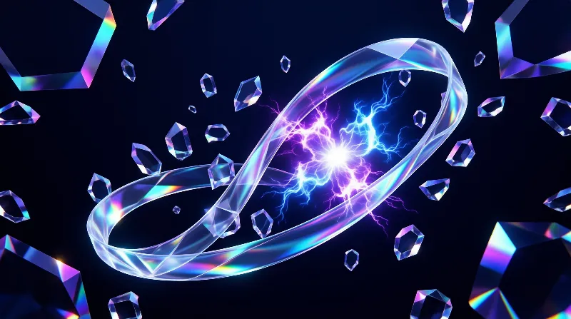 A luminous torus shape traps violet electricity while scattered geometric fragments hover in the pitch black void nearby.