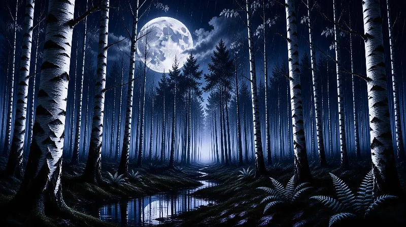 A pale full moon glows above a blue moonlit path threading between slender white birch trunks.