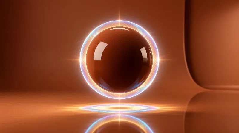 A glossy dark sphere floats centrally within a luminous iridescent ring against a smooth warm orange background.