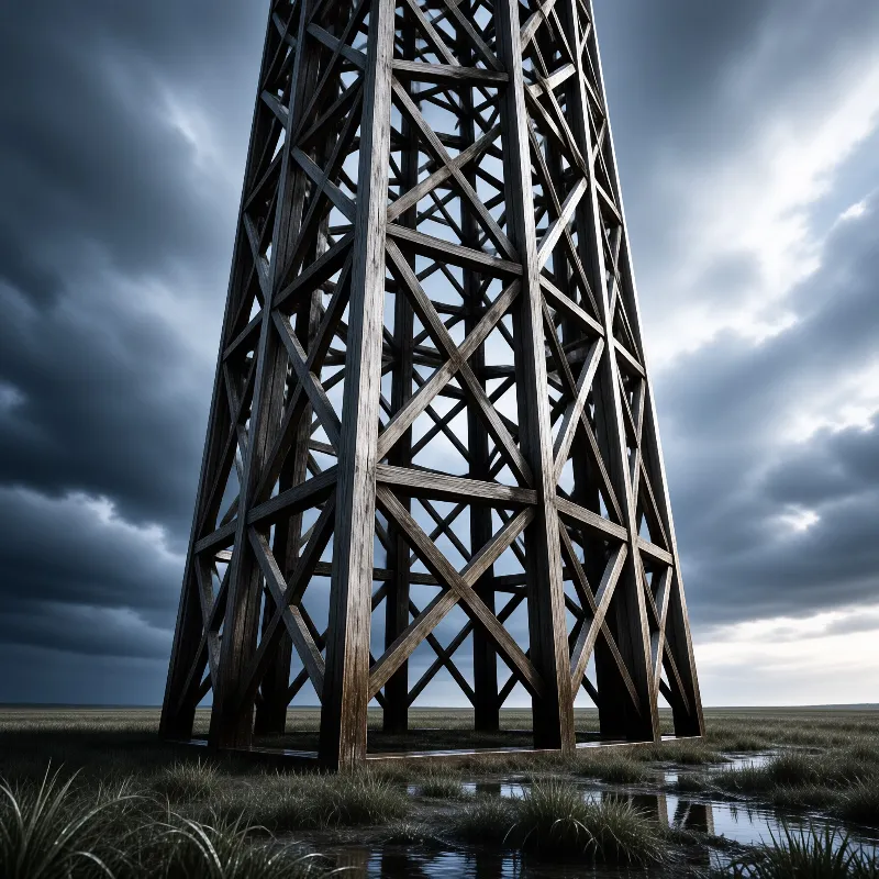A weathered wooden pylon of crisscrossed beams tapers into a heavy storm sky above an open flooded grassland.