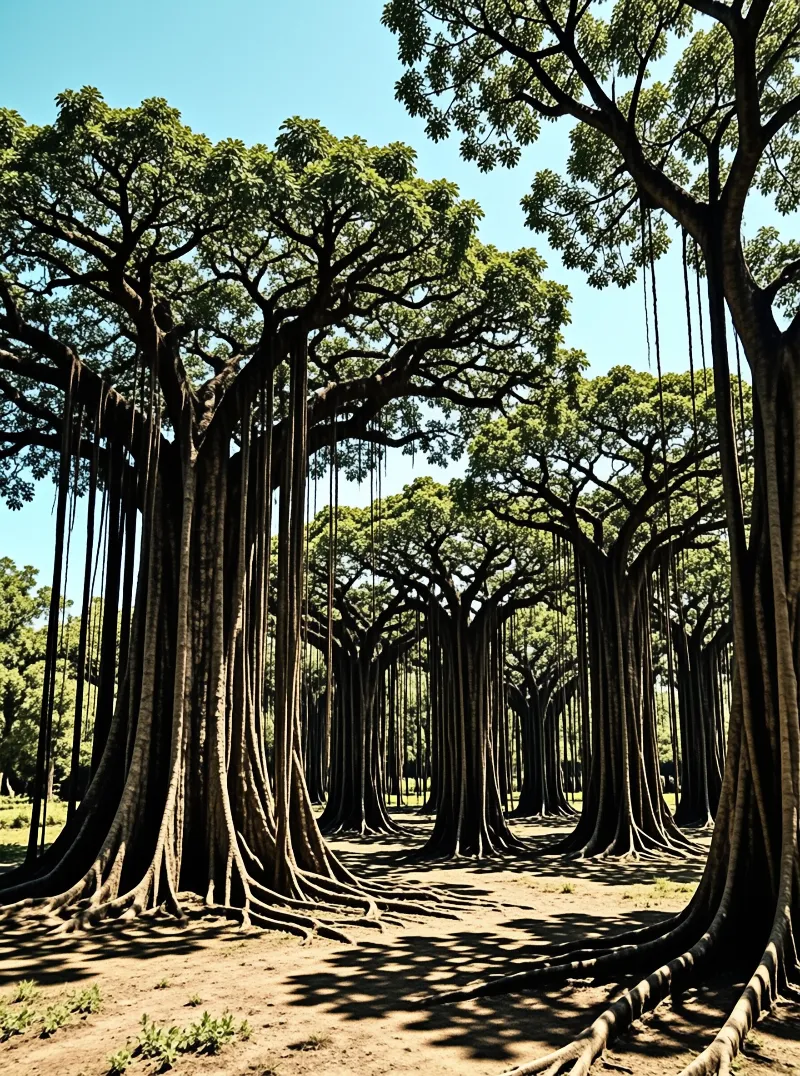 Avenue of banyan trees drapes thousands of hanging roots over dry sand beneath a clear blue sky