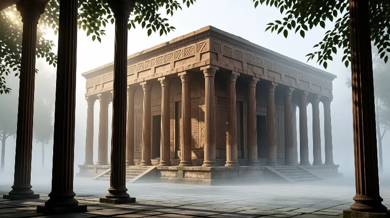 A classical stone temple featuring numerous columns stands centered in a foggy environment while soft sunlight filters through surrounding trees and foreground pillars frame the view.