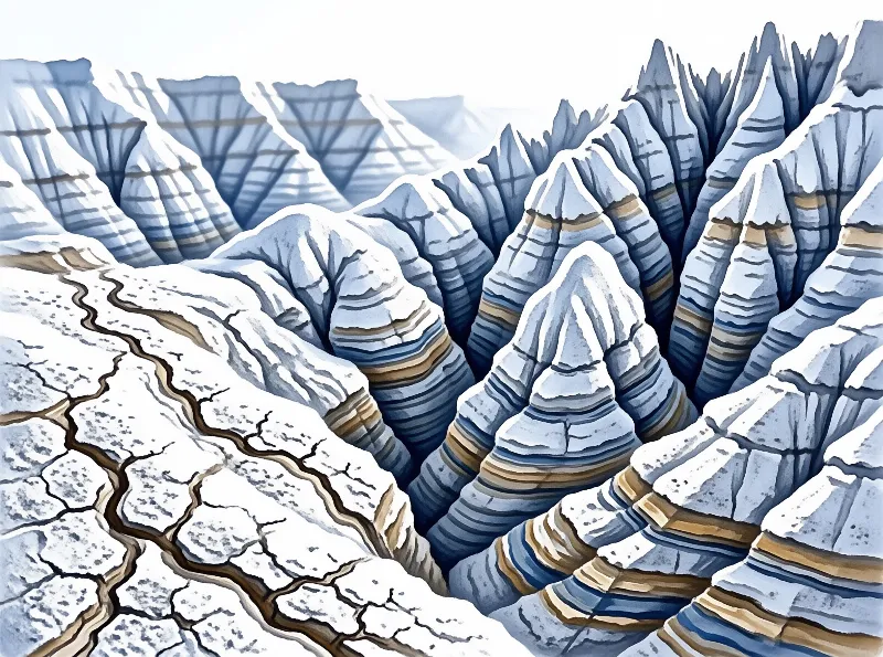 Blue and white painted mountains rise steeply above a landscape of cracked, dry salt flats and deep fissures.