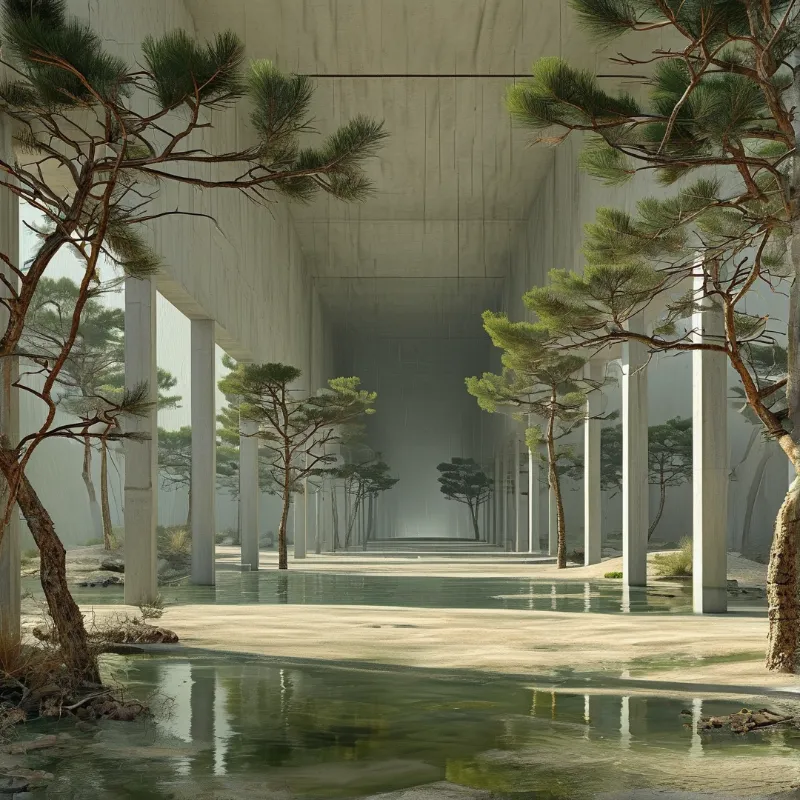 Pine trees rise between tall concrete pillars above a wet floor scattered with shallow reflections.