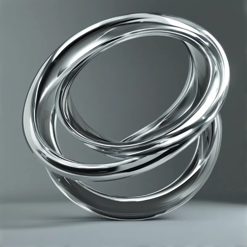 A shiny silver metallic structure formed by twisted interlocking rings sits against a smooth grey backdrop.