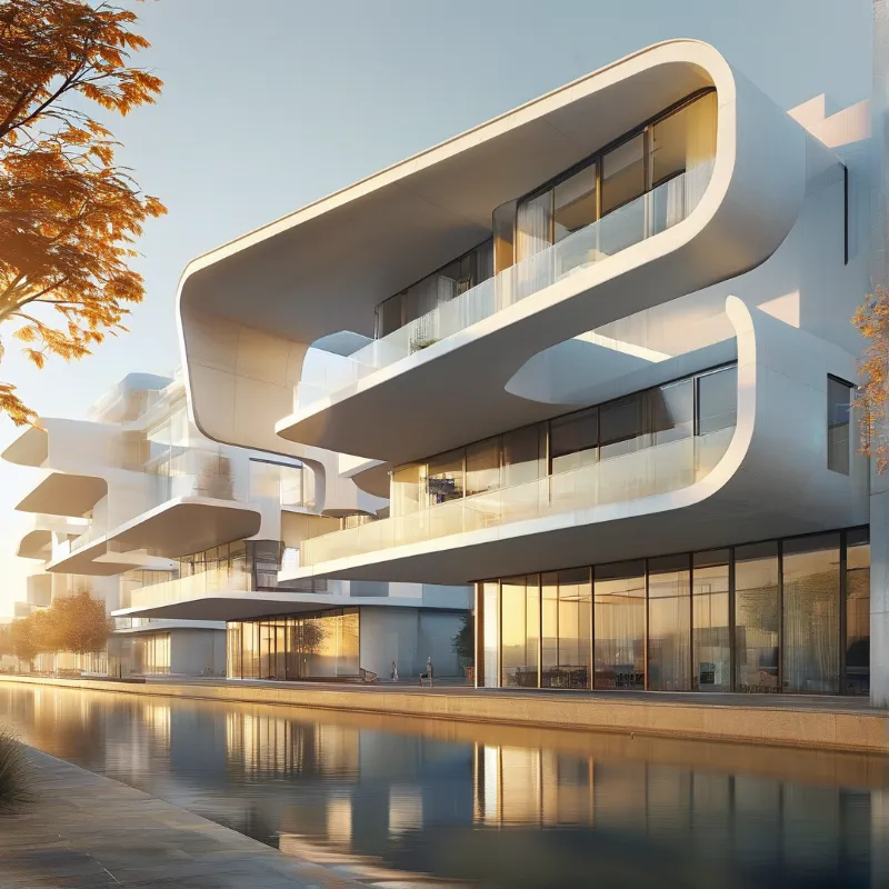 Sleek white curved residential buildings with cantilevered glass balconies stand next to a still reflective pond bathed in soft warm golden hour light.