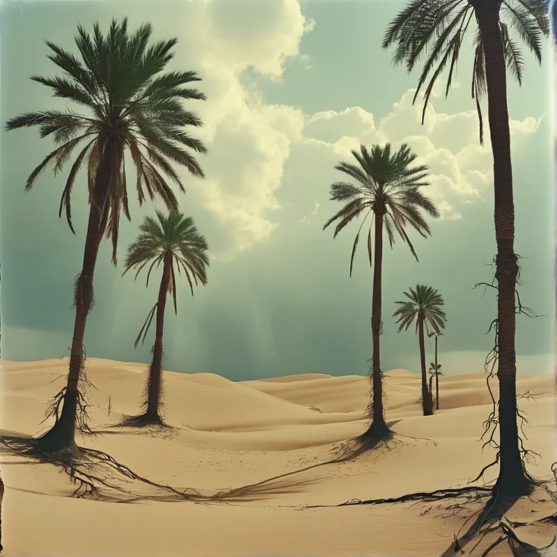 Date palms rising from golden sand dunes beneath pale sky and drifting clouds with beams of sunlight