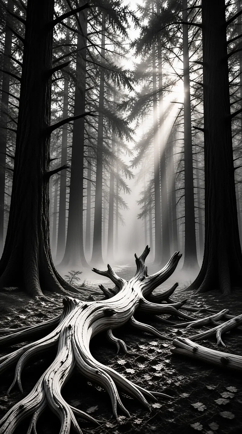 A pale weathered tree trunk lies across the floor of a foggy black and white pine forest pierced by light.