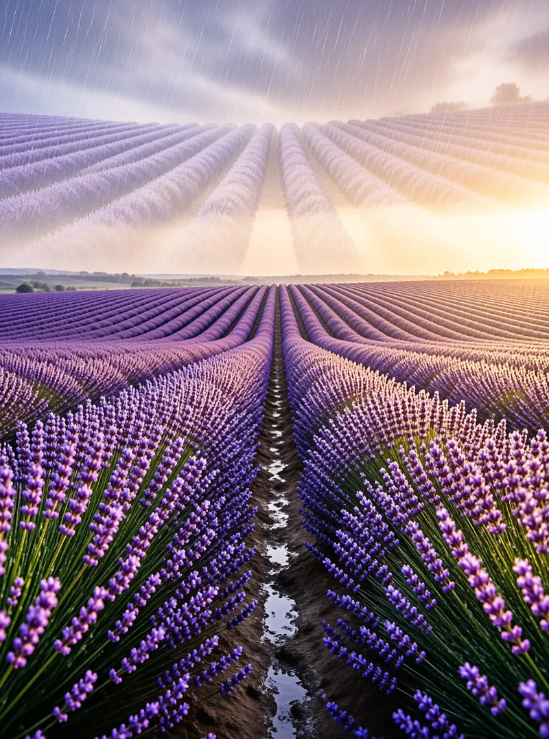 Rows of vibrant purple lavender stretch toward the horizon beneath streaks of falling rain and warm sunlight.