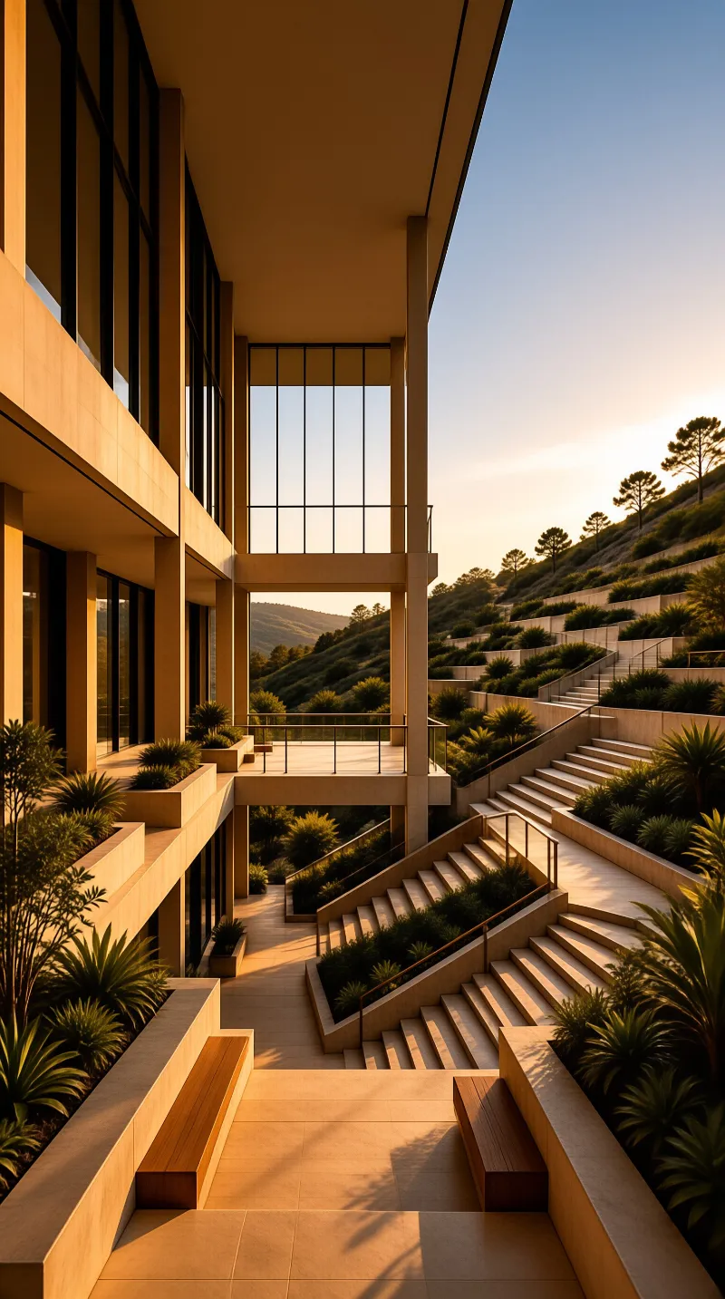 Modern terraced architecture with stone staircases and glass windows on a landscaped hillside bathed in warm sunset light.
