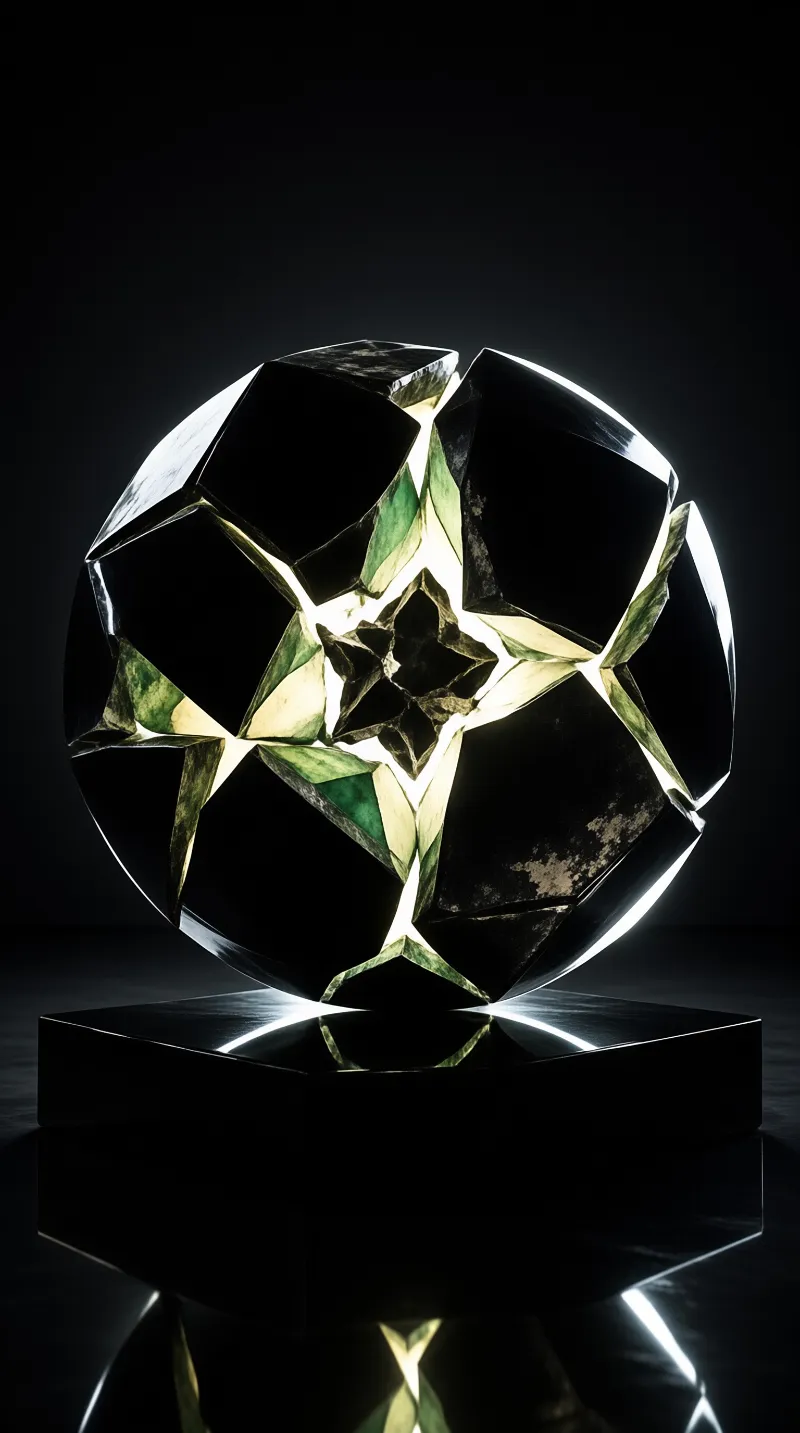 A faceted dark sphere sits on a reflective base with green and yellow light glowing from inside.