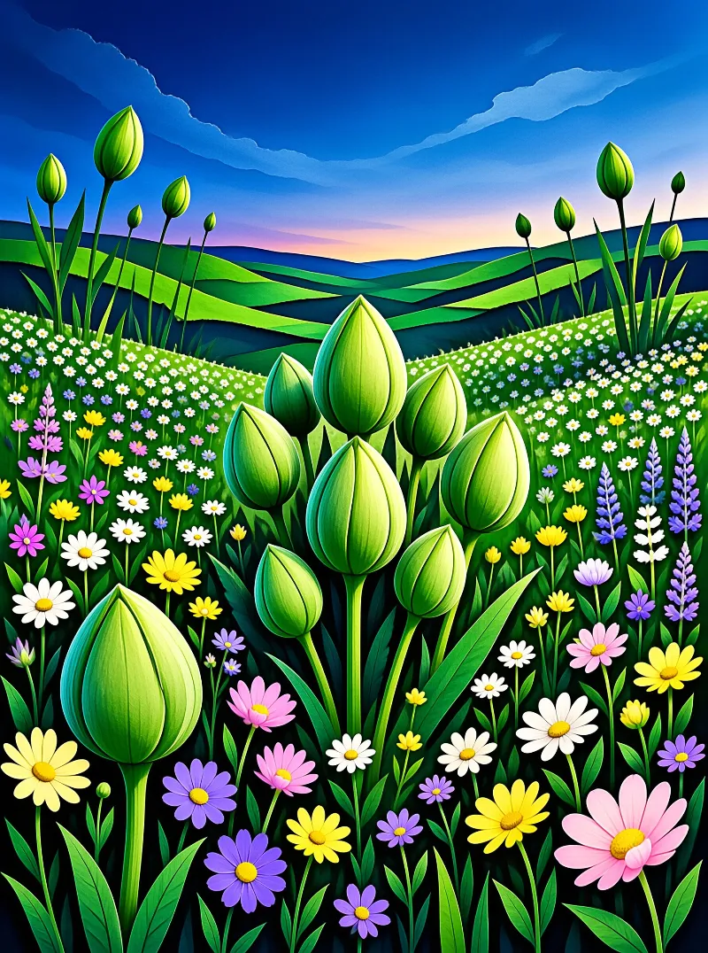 Closed green flower heads stand among daisies and lavender in a stylised hillscape built from flat layered colour