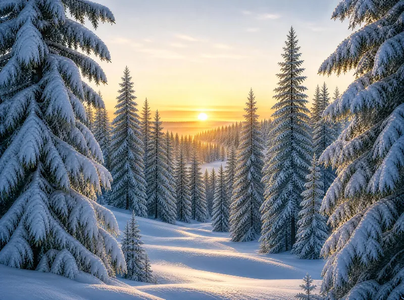 Golden Sunset Over Snowy Forest