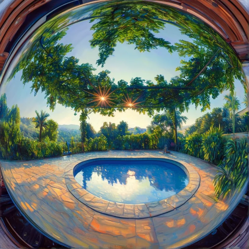 A round stone-rimmed pool sits among lush tropical plants, with bright sunbeams passing through leaves onto the stone patio.