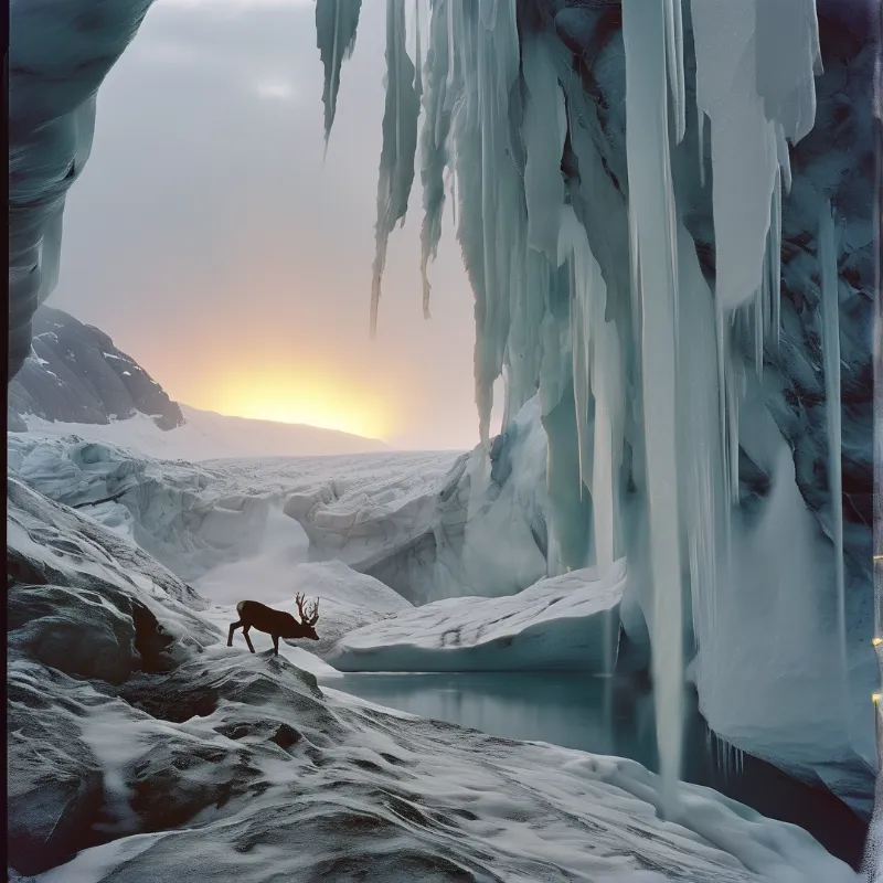 A lone antlered deer stands on snow at the mouth of a glacier cave hung with icicles as the sun sets over distant ice.