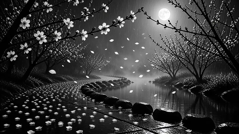 White petals drift from dark cherry branches onto a still pond as rain falls beneath a hazy moon.