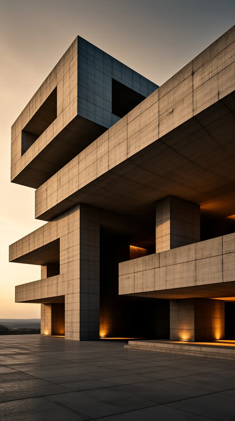 A massive layered concrete building features deep overhangs and glowing windows against a fading orange horizon.