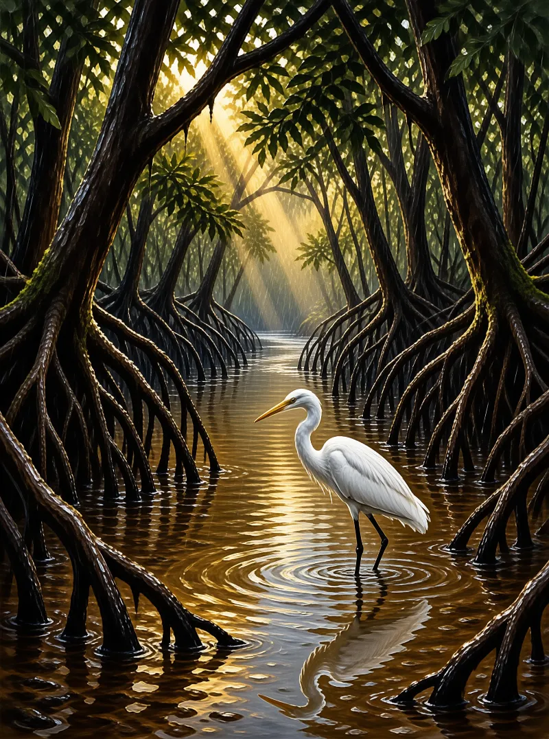 White egret wades through brown water surrounded by twisted mangrove roots while sunbeams filter through the canopy above.