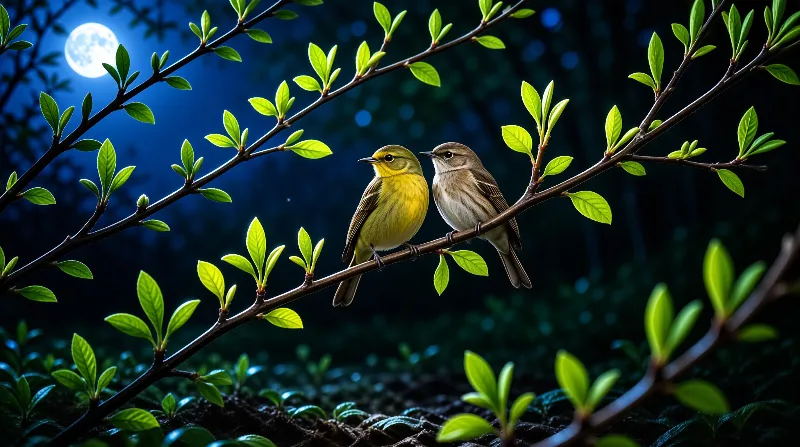 Two small birds perch on a leafy branch while a bright full moon illuminates the deep blue night sky behind them.