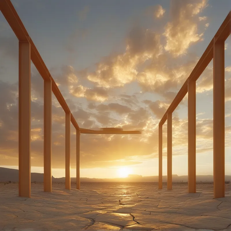A large orange rectangular frame stands on cracked dry earth beneath a cloudy sky illuminated by a setting sun.