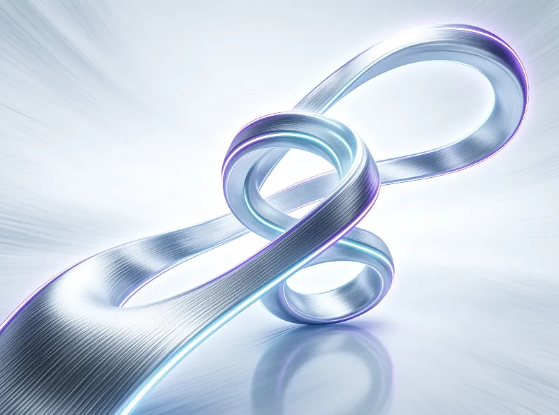 A shimmering translucent blue ribbon forms flowing interwoven loops set against a soft radiating pale white background with faint reflection beneath.