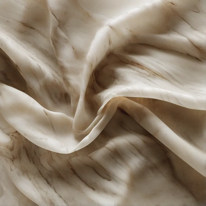 White silk fabric with brown marble veins draped in gentle folds under soft diffused lighting creates a smooth texture.