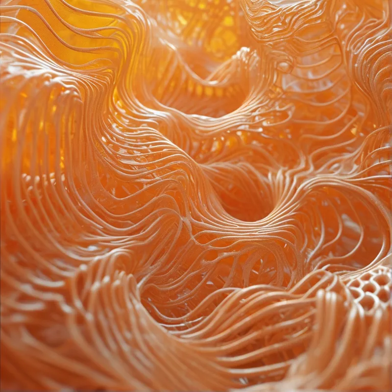 Wavy orange organic structures resembling coral with glossy highlights and deep shadows creating depth.