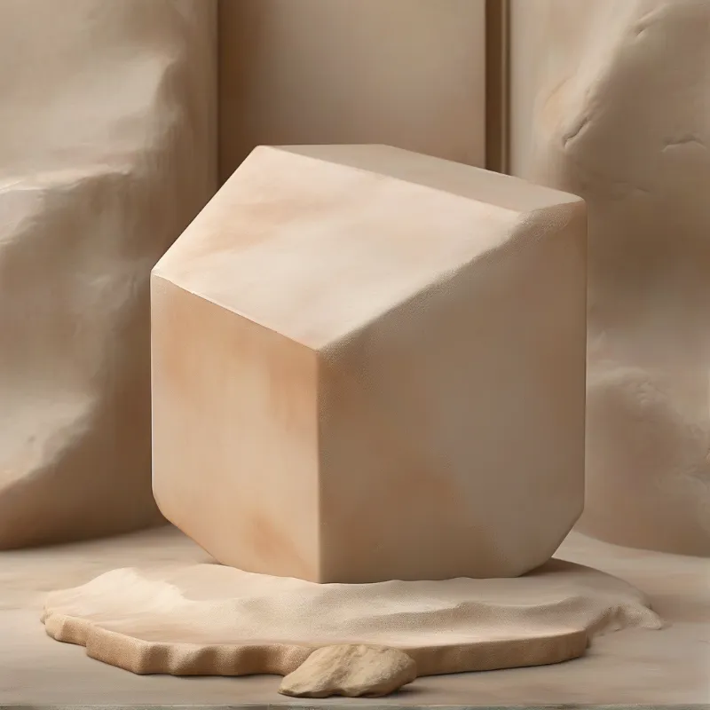 A stone cube rests on wood beside soft fabric, lit by warm light casting gentle shadows.