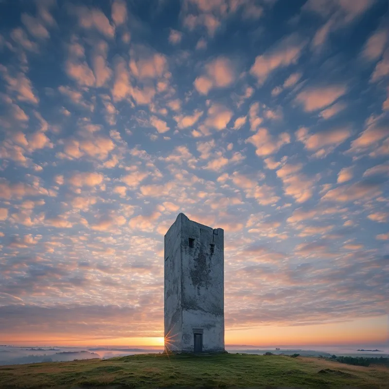 An old weathered stone tower stands on a grassy hilltop beneath a sky streaked with pink dawn clouds and rising sun