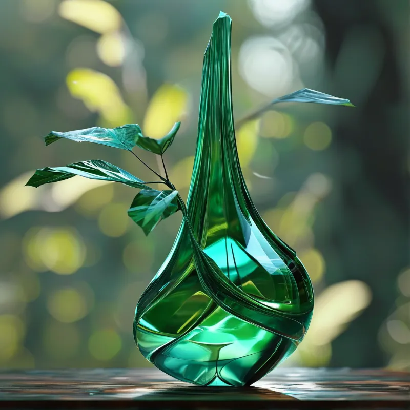 A twisted emerald glass form tapers to a sharp point, holding one translucent leaf against blurred sunlit foliage