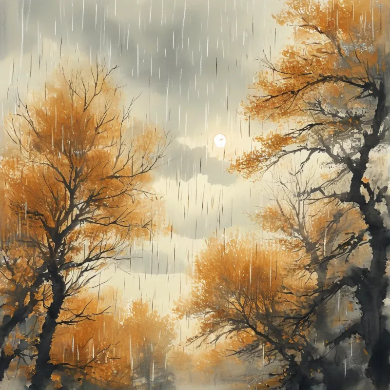 Orange autumn trees stand in a misty forest while vertical rain falls beneath a cloudy sky where a soft sun glows through.