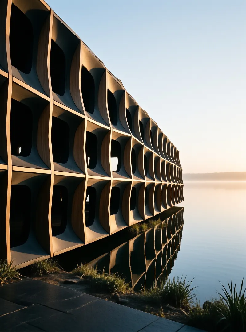 A geometric concrete structure with deep recesses stands beside calm water reflecting its form in warm sunlight.