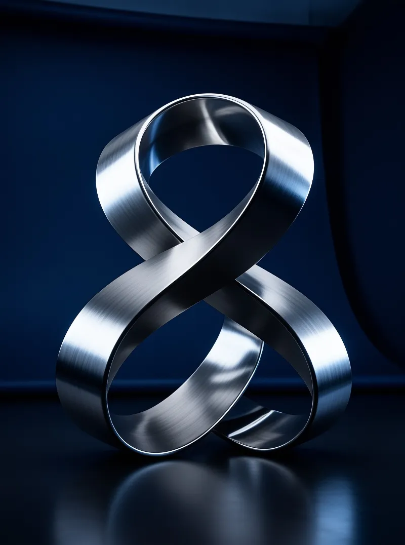 A polished brushed silver infinity shaped band stands upright on a reflective deep blue surface with soft highlights tracing its curved edges.