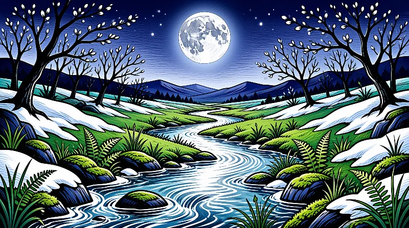 An illustrated stream flows between snowy banks and bare trees beneath a bright moonlit sky.