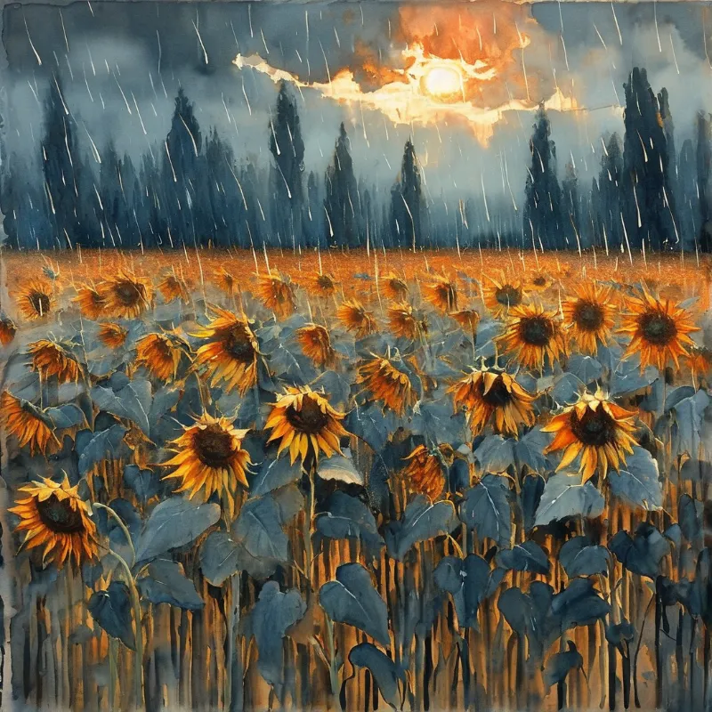 Painting of wilting sunflowers in a field during heavy rain with a break of sunlight through dark clouds.