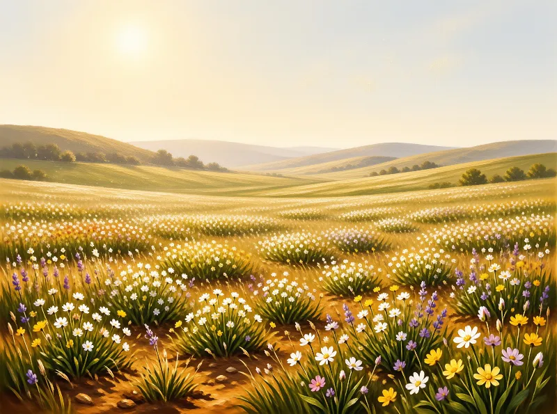 A vast meadow of white yellow and purple wildflowers stretches toward distant rolling hills bathed in warm golden sunlight.