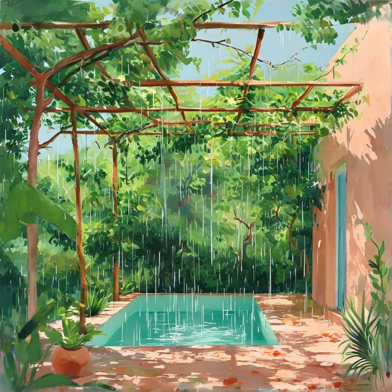 Rain streaks across a painterly tropical courtyard where a turquoise pool sits under a vine covered pergola.