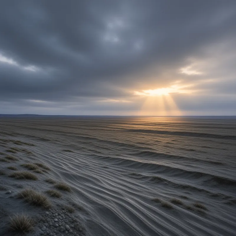 Golden crepuscular rays pierce dark storm clouds above a vast rippled salt flat dotted with dry grass.