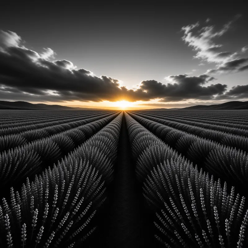 Rows of lavender plants stretch across a field towards a bright sun setting behind distant hills.