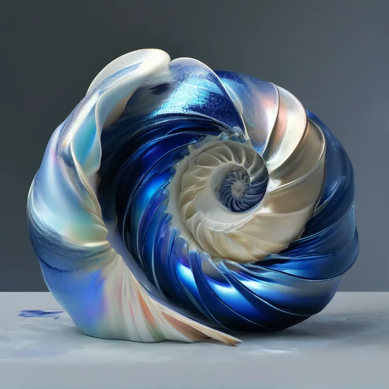 A spiraling glass object with iridescent blue and white hues rests on a white surface against a gray backdrop.