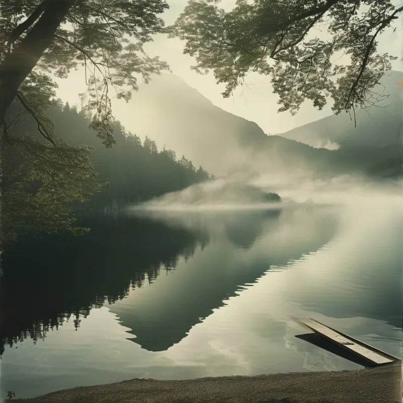Tranquil water reflects distant hills while low fog drifts near a small wooden vessel on the shore.