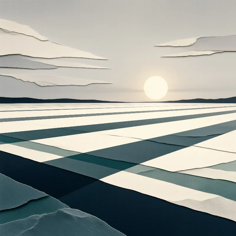 Papercut landscape of a salt flat with blue and white stripes leading to a bright sun.