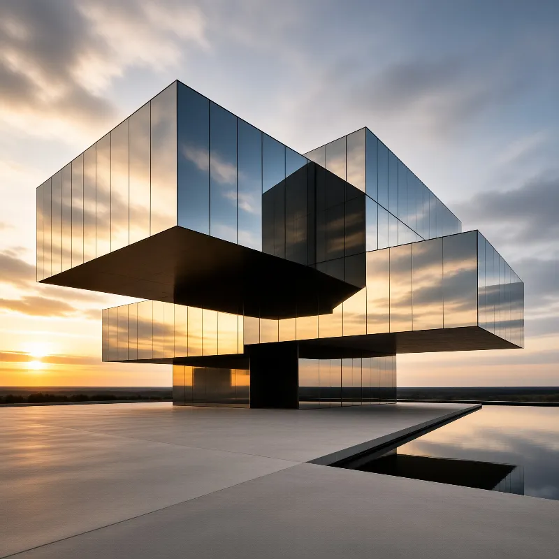 A geometric glass building reflects warm orange hues of a setting sun and scattered clouds across its surfaces.