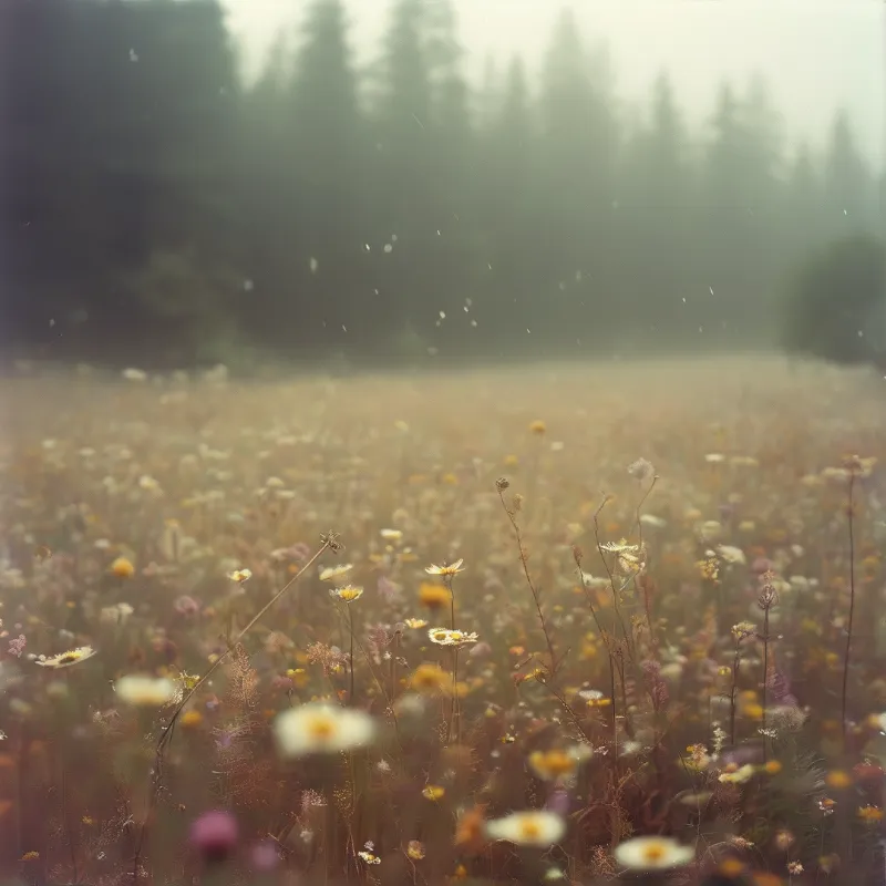 Soft wildflowers fill a meadow before a blurred pine forest under heavy mist and pale light.