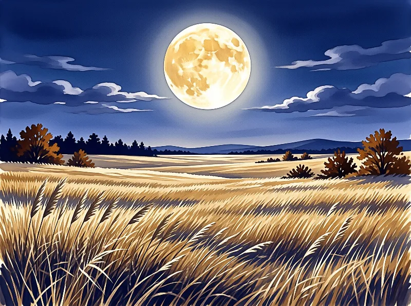 A large yellow moon illuminates a wide field of golden grass and dark trees against a deep blue sky filled with soft clouds.