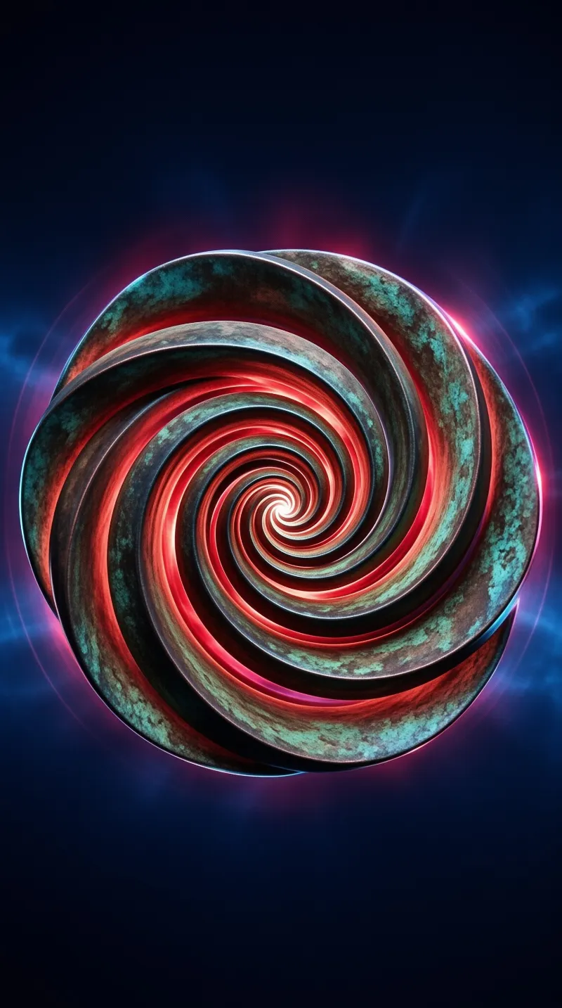 Concentric metal vanes twist inward like a vortex, lit from within by red and teal light against a dark ground
