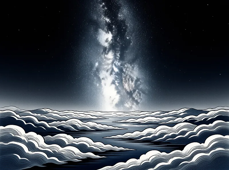 A graphic seascape of curling monochrome waves stretches toward a luminous band of stars rising in a dark night sky.