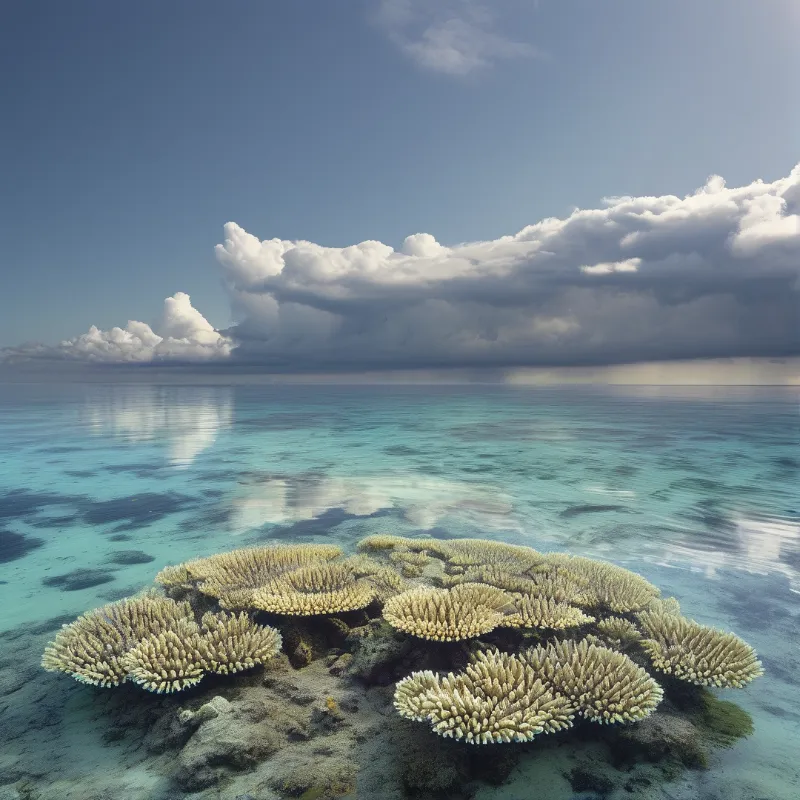 A cluster of pale branching coral sits in clear turquoise shallows beneath a wide sky heavy with drifting white clouds