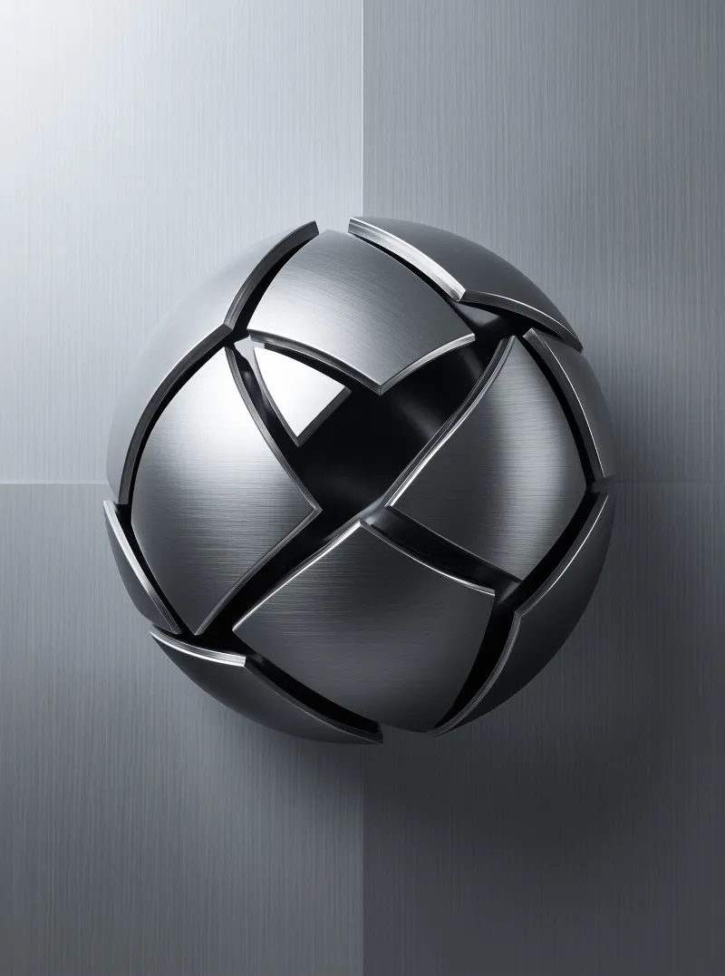 A segmented metal ball fixture is mounted on the corner where two brushed steel walls meet under soft lighting.