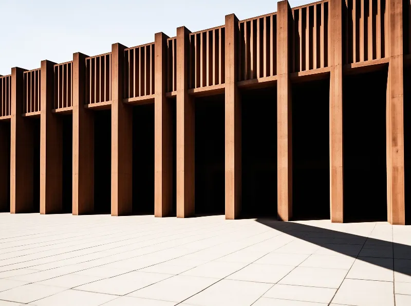 Repeating clay columns and slatted screens cast long shadows across a pale stone plaza.